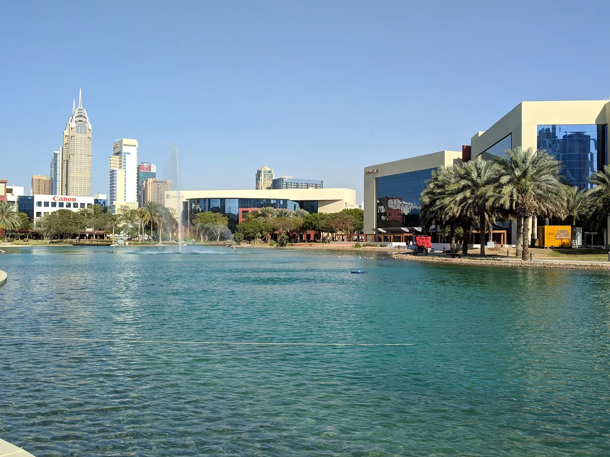 Lake and office buildings in Dubai Internet City