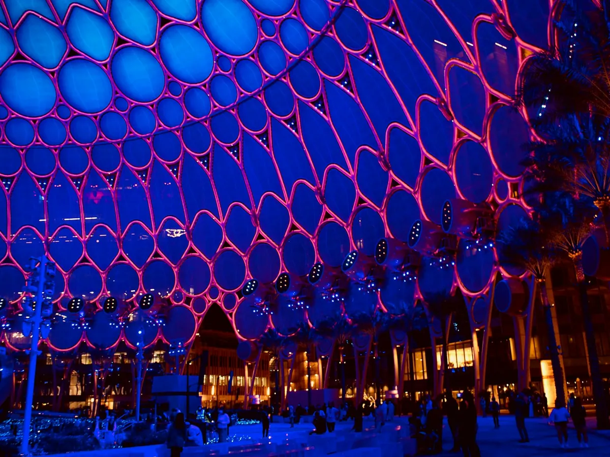 Al Wasl Dome at Expo City, Dubai South, lit up at night