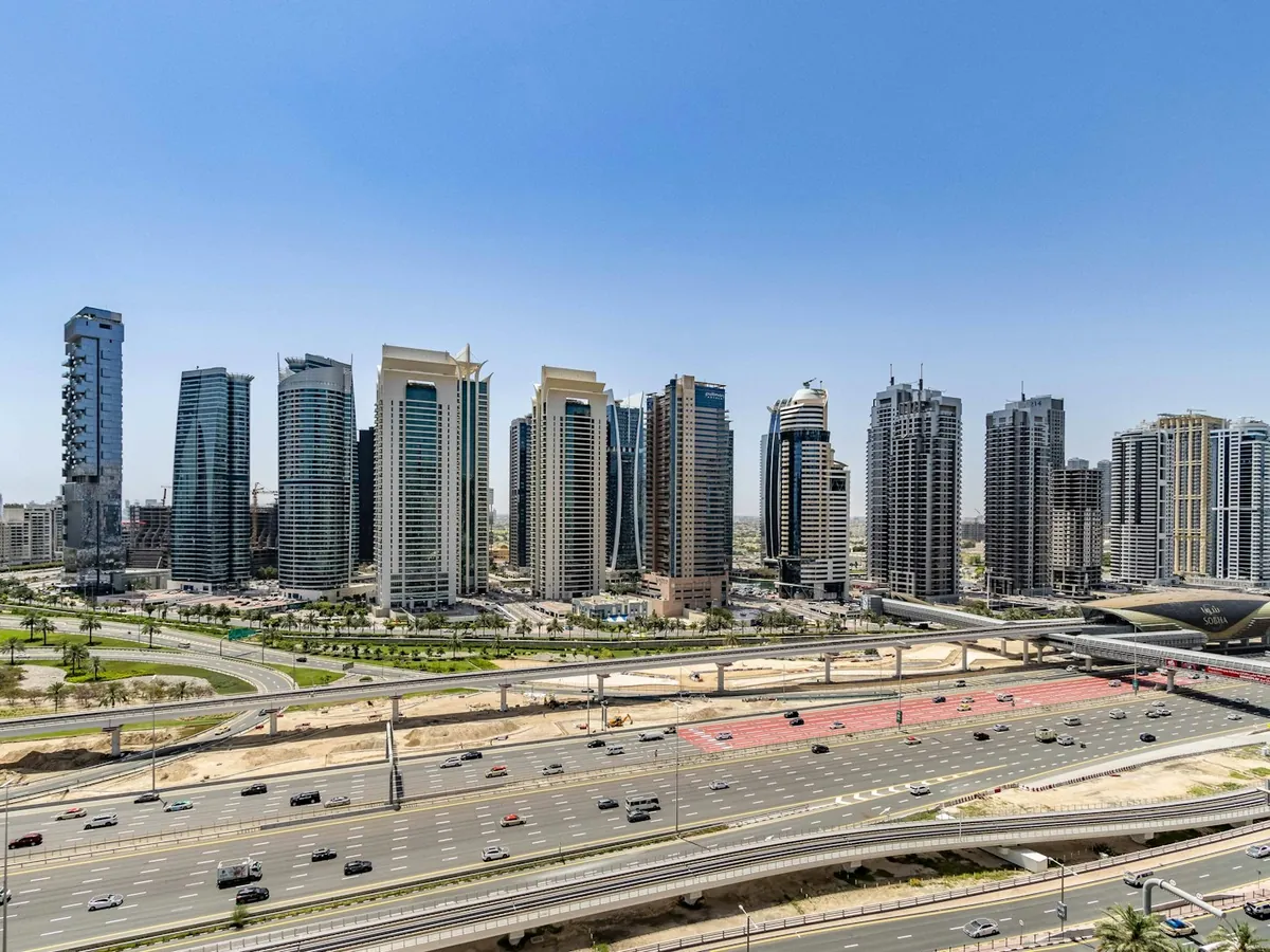Jumeirah Lakes Towers (JLT) and DMCC skyline seen from Sheikh Zayed Road, Dubai