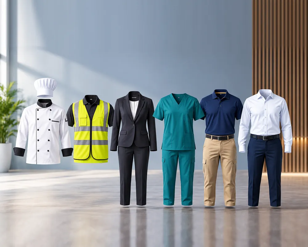 Custom staff uniforms: chef jacket, hi-vis vest, suit, scrubs, polo and shirt