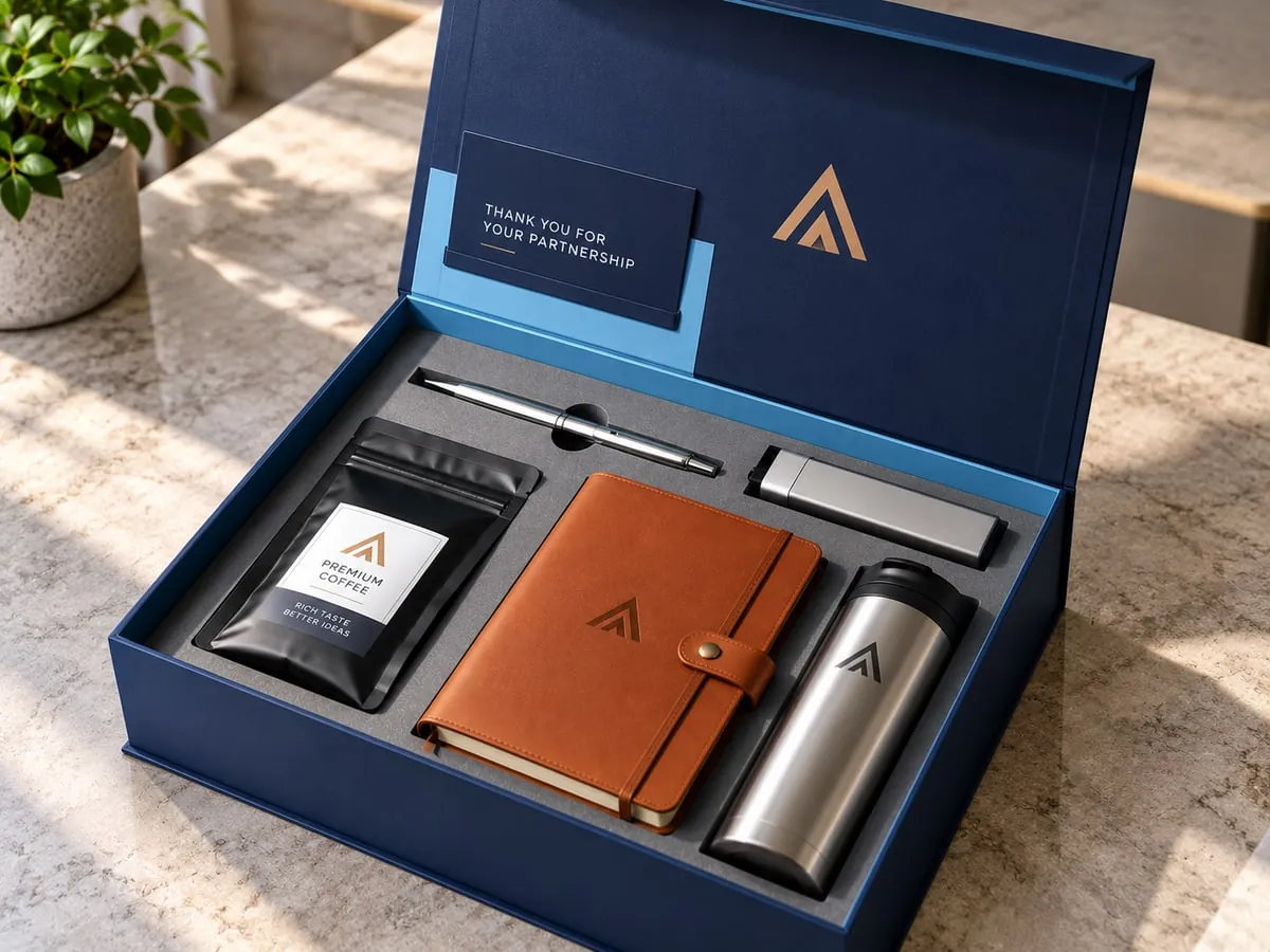 Branded corporate gift boxes being presented