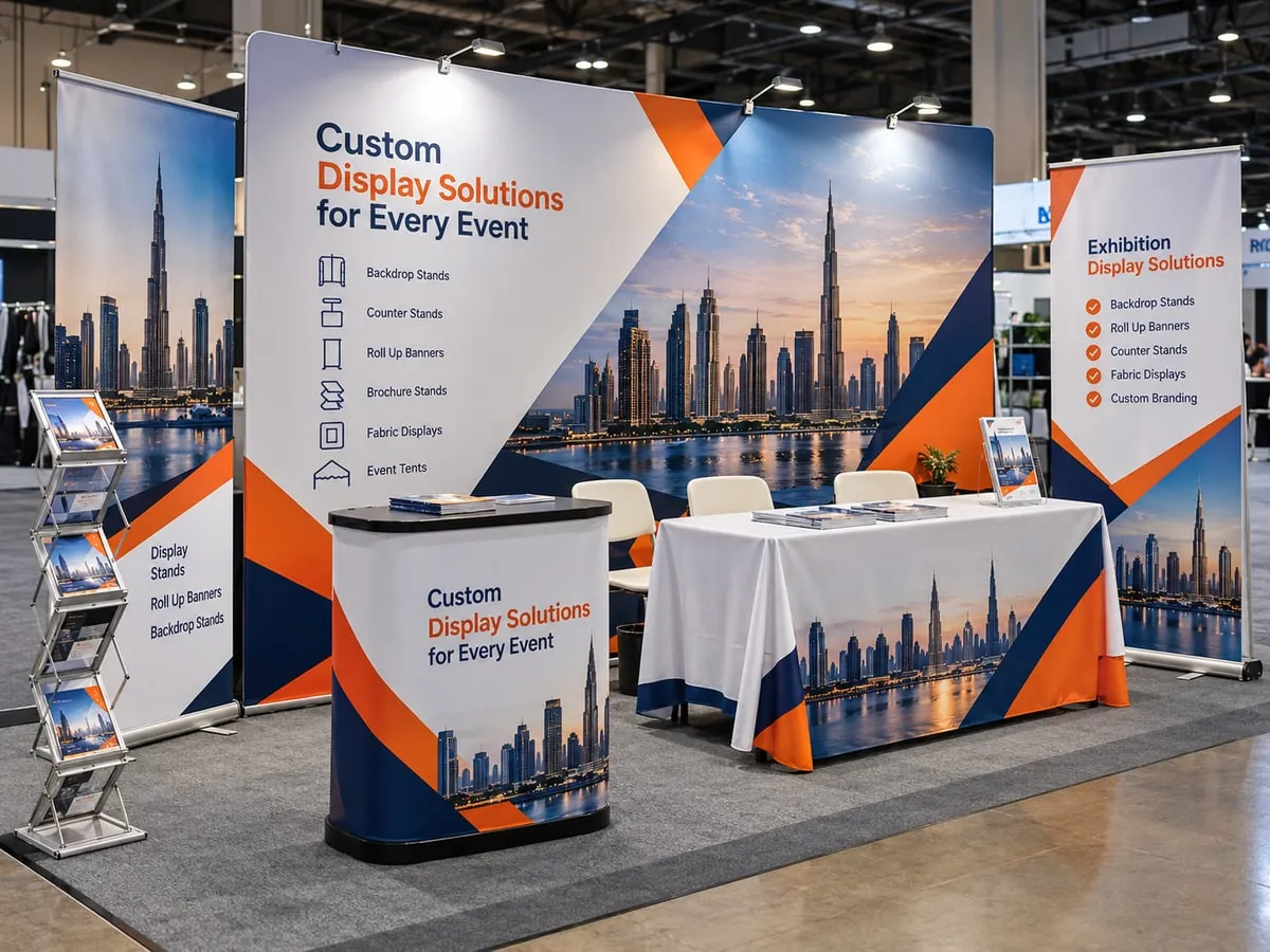 Printed banners on display at an outdoor exhibition