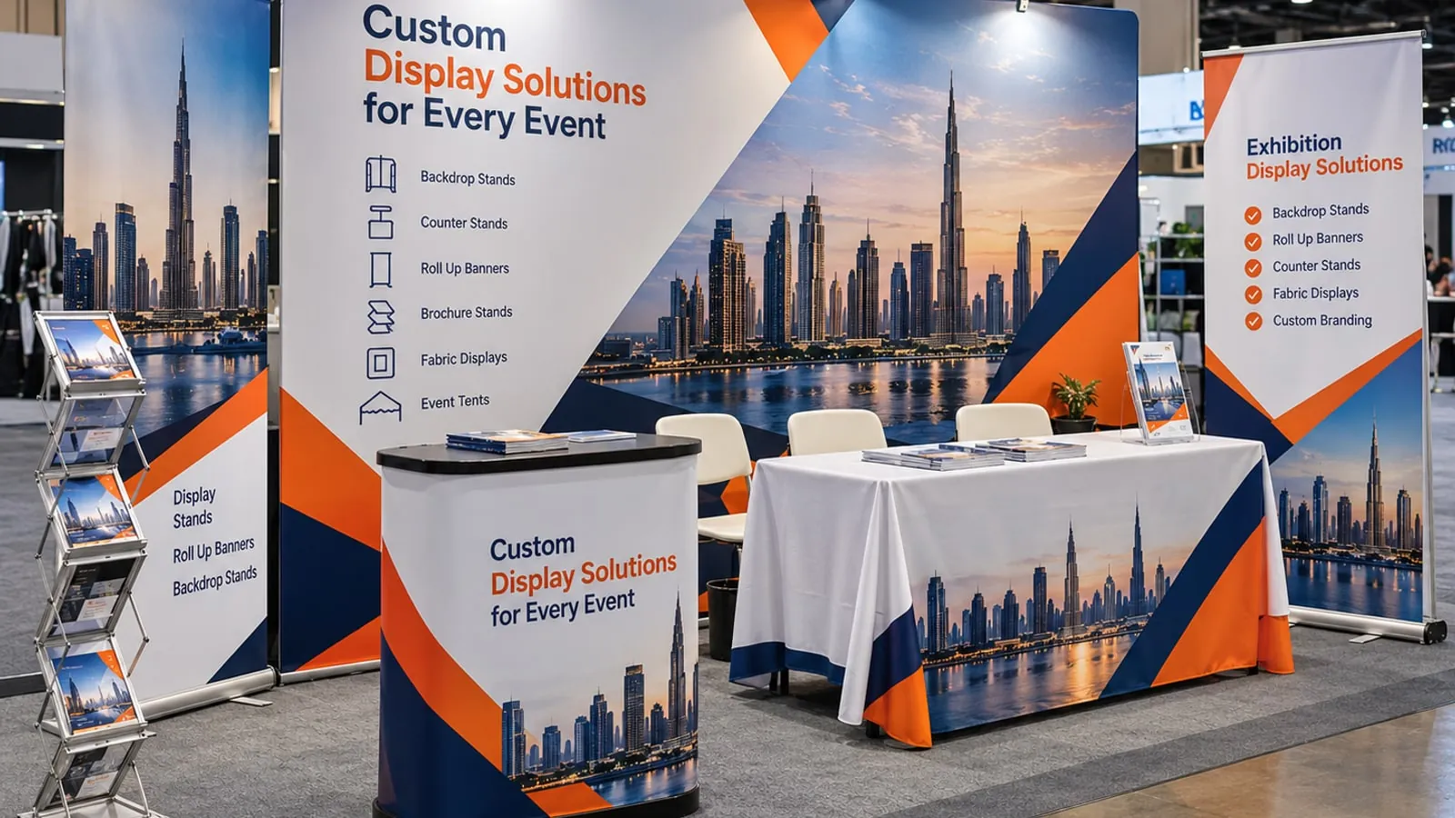 Printed banners on display at an outdoor exhibition