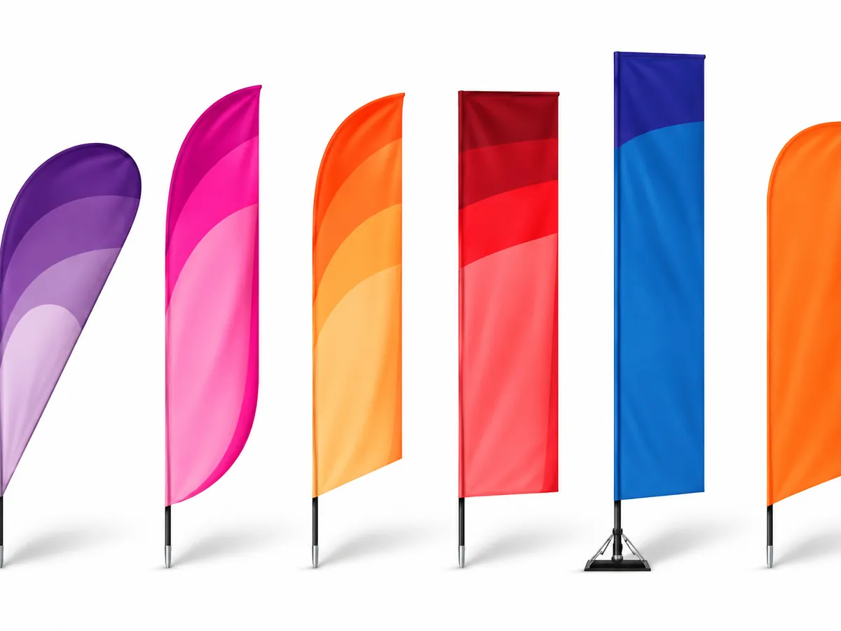 Printed feather and teardrop flags standing outside a shop entrance