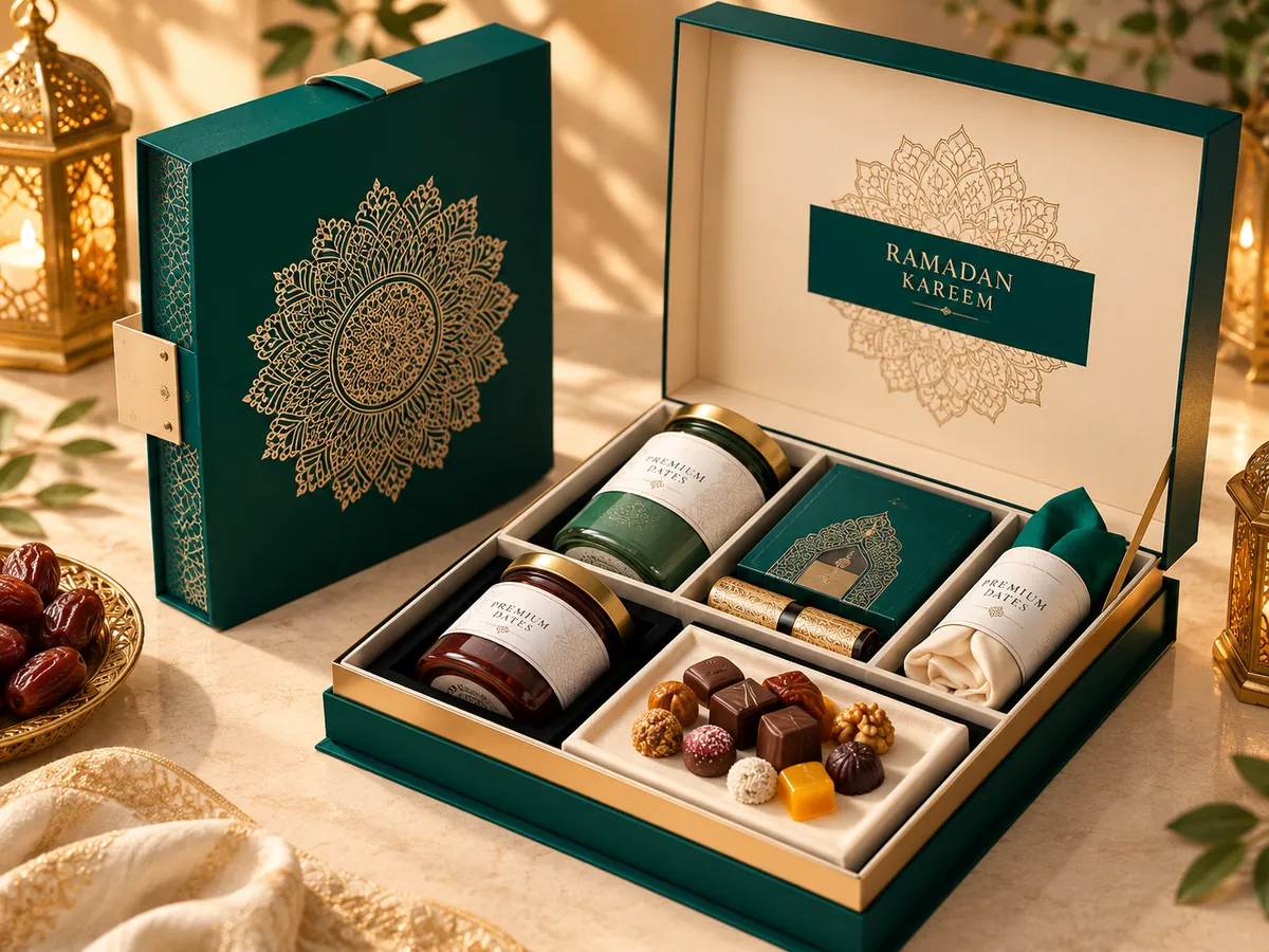Green and gold Ramadan gift box with dates and chocolates