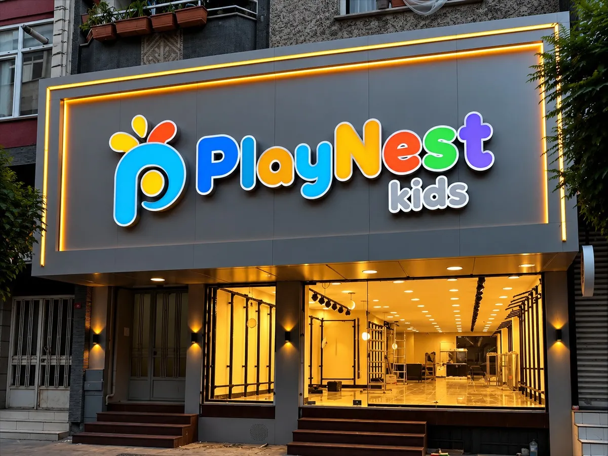 Illuminated shop front sign with colourful 3D letters above a glass entrance