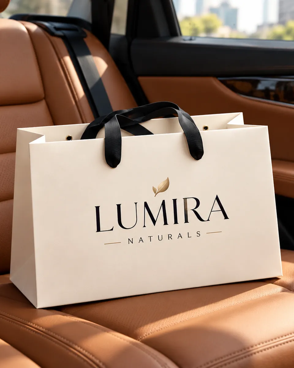Custom printed paper shopping bag with black ribbon handles