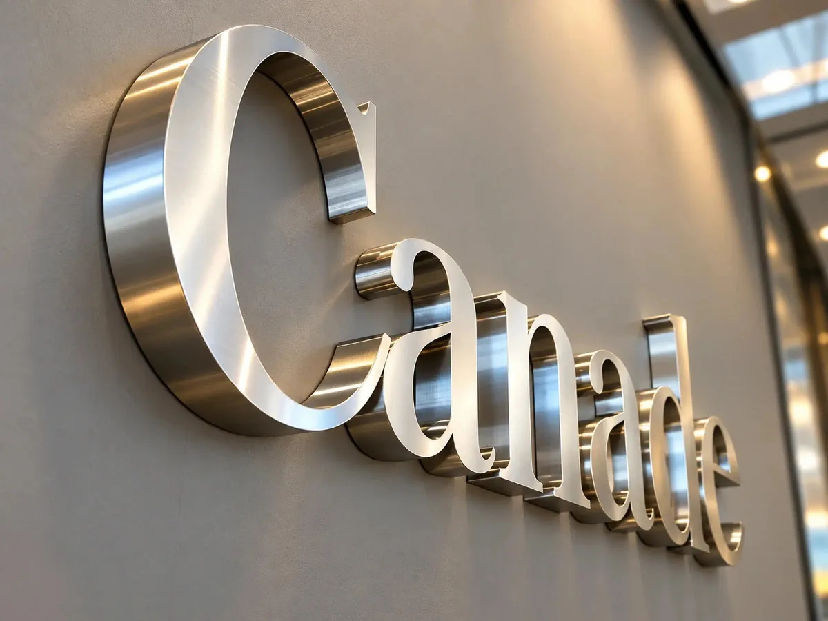 Brushed stainless steel 3D letters mounted on a curved office wall